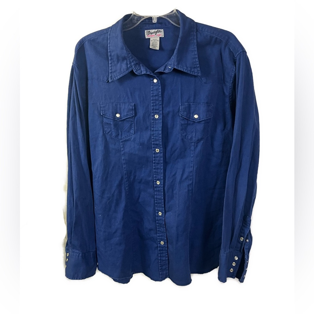 Wrangler Women's Pearl Snap Blue Western Rancher Button Down Shirt- Size 3X